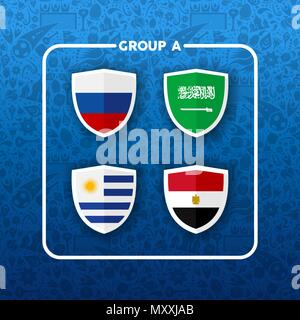 Soccer championship event schedule for 2018. Group A country team list of football match games. Includes Russia, Saudi Arabia, Egypt and Uruguay. EPS1 Stock Vector