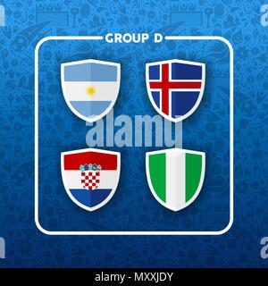 Soccer championship event schedule for 2018. Group D country team list of football match games. Includes Argentina, Iceland, Croatia and Nigeria. EPS1 Stock Vector