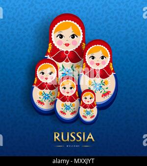 Russian doll poster for russia tourism. Traditional matrioska woman souvenir with floral dress on blue color background. EPS10 vector. Stock Vector
