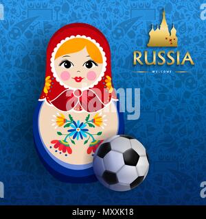 Russian doll poster for russia sport event. Traditional matrioska woman souvenir with soccer ball on blue color background. EPS10 vector. Stock Vector