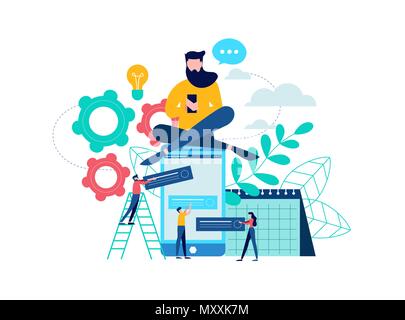 Mobile phone app development illustration, social media website concept. Online network and software update idea. EPS10 vector. Stock Vector