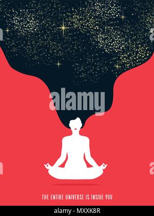 Girl doing yoga lotus pose exercise. Concept illustration of universe connection and healthy lifestyle. EPS10 vector. Stock Vector
