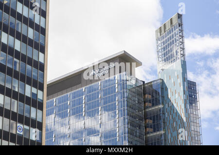 Winnipeg, Manitoba / Canada - June 3, 2018:  Manytoba Hydro Building at Portage Street, Winnipeg Stock Photo