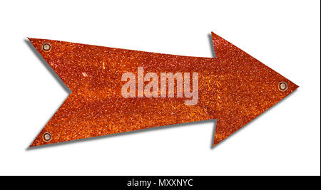 Rusty and grungy metallic iron plate directional arrow sign with peeling coating and scratches metal texture with screws and bolts isolated on a white Stock Photo