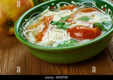 shorba Fish ogurdzhalinskaya,  Turkmen cuisine , Traditional assorted dishes, Top view. Stock Photo