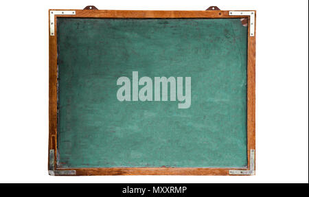 Green old grungy vintage wooden empty chalkboard or retro blackboard with weathered frame and isolated on seamless white background. Concept for educa Stock Photo