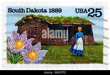 South Dakota 1889 Sod Roof Cabin Postage Stamp Stock Photo