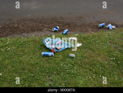 Blue plastic bag and beer cans, litter thrown away in on grass in park in Radcliffe Bury Lancashire uk Stock Photo