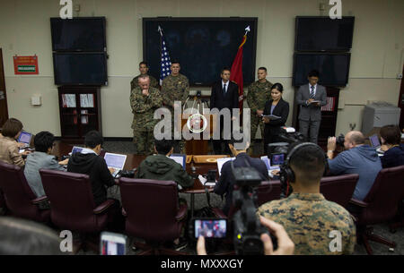 Lt. Gen. Lawrence D. Nicholson address Japanese reporters on Marine Corps Base Camp Foster, Okinawa, Japan, Dec. 14, 2016. An MV-22B Osprey landed in shallow waters off the Okinawa coastline of Camp Schwab on Dec. 13, 2016. All five crewmembers were airlifted via HH-60G to the United States Naval Hospital aboard Camp Foster where they are being treated for injuries. The MV-22B Osprey is with Marine Aircraft Group 36, 1st Marine Aircraft Wing, III Marine Expeditionary Force. The HH-60G is with the US Air Force's 33rd Rescue Squadron, 18th Operations Group, 18th Wing.  Nicholson, from Toronto, C Stock Photo