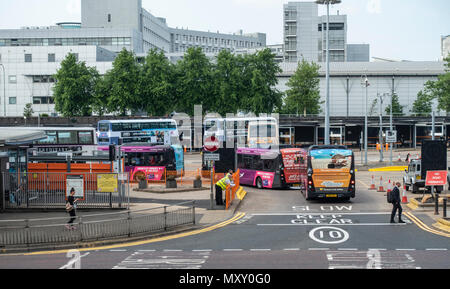 Buchanan bus station, with single deckers and double decker busses, in the city centre of Glasgow, Scotland, UK, Stock Photo