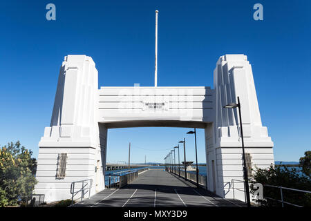 Horizontal view of the Art Deco concrete abutment portal arch which frame the north end of the Hornibrook Bridge, in Clontarf, Redcliffe Peninsula, Au Stock Photo