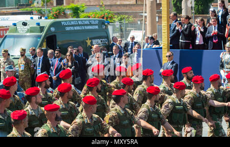 Traditionally military parade on June 2, 2018 for the anniversary of the Republic Day held as every year in Via dei Fori Imperiali. A selected representation of all the Weapons, Fire Brigades, Red Cross Volunteers, gonfalons of the Regions. Present at the event the Head of State Sergio Mattarella who previously had laid a wreath at the Altare della Patria, the Presidents of the Chamber and Senate Roberto Fico and Maria Elisabetta Laberti Casellati, the President of the Council Giuseppe Conte, the vice presidents of the Council Luigi Di Maio and Matteo Salvini, the Mayor of Rome Virginia Raggi, Stock Photo
