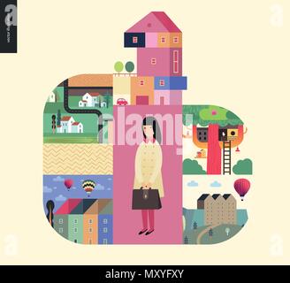 Simple things - houses - flat cartoon vector illustration of countryside house, isolated building, tower, treehouse, ladder, row of townhouses, farmla Stock Vector