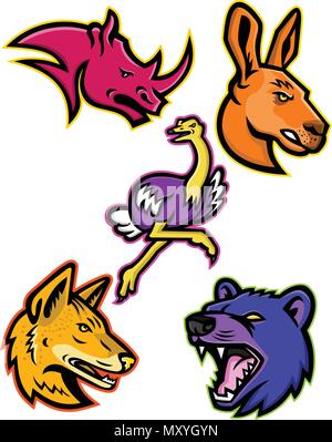 Mascot icon illustration set of African and Australian wildlife animals like the rhino or rhinoceros, kangaroo, common ostrich, Arabian wolf and the T Stock Vector