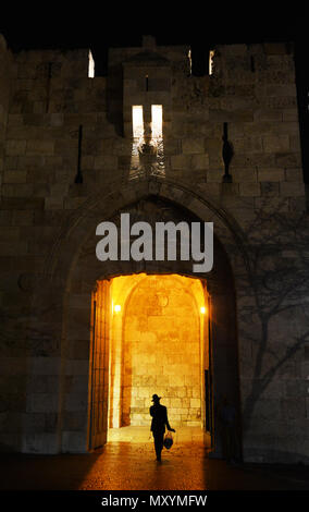 Jaffa Gate at night. Stock Photo