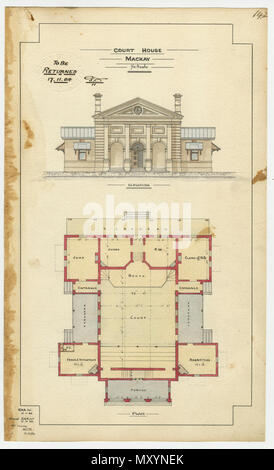 Architectural drawing of the Court House, Mackay, 17 November 1884. History of the Regional Courthouses: Mackay  The single story building contained rooms for the Judge, Police Magistrate, Barristers, Clerk of Petty Sessions, and Jury. It opened on 27 May 1886 and the first sitting of the Supreme Court was held on 15 June 1886. This building became a police station when a new Courthouse was constructed in 1938. Both bildings underwent refurbishments in 1990-1. The 1938 building is still in use, and the old 1886 building is being used mainly for storage.  Description source: Supreme Court Libra Stock Photo