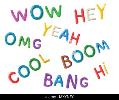 Handmade modeling clay words wow, yeah, hey, hi, omg, cool, boom, bang. Stock Vector