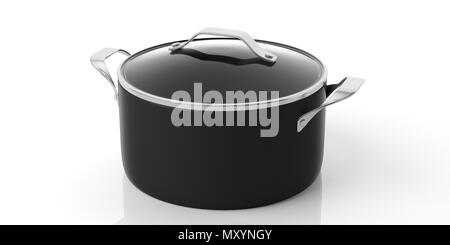 Black stainless steel cooking pot with glass lid and frying pan ...
