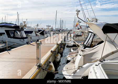 Moored boats in the port of Santa Eulalia. Santa Eulalia is a beautiful town and resort on the East coast of the Ibiza island. Balearic Islands, Spain Stock Photo