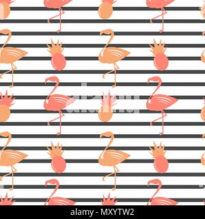 cute flamingos and pineapples on black stripes background seamless vector pattern illustration Stock Vector