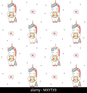 cute cartoon seamless vector pattern background illustration with unicorn eating donut Stock Vector