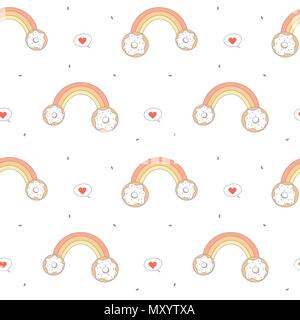 cute cartoon rainbow with donuts seamless vector pattern background colorful illustration Stock Vector