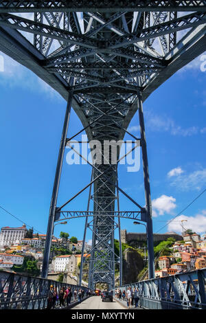 Street view of Dom Luís I Bridge in Porto, Portugal. Stock Photo