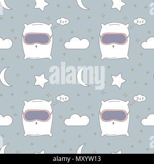 cute cartoon pillow with sleeping mask seamless vector pattern background illustration Stock Vector