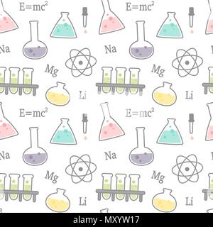 cute cartoon science and chemical related seamless vector pattern background illustration Stock Vector
