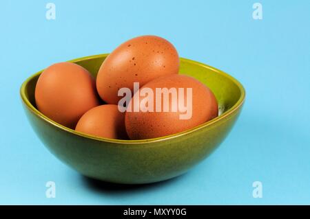 Six hen eggs closeup in green cup on blue background. Stock Photo