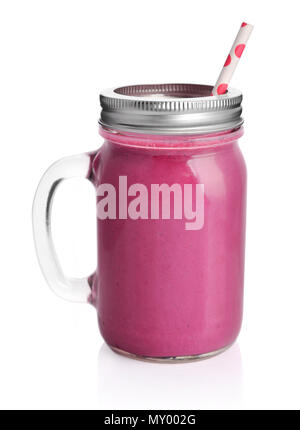 Healthy violet smoothie with straw in a jar mug isolated on white Stock Photo