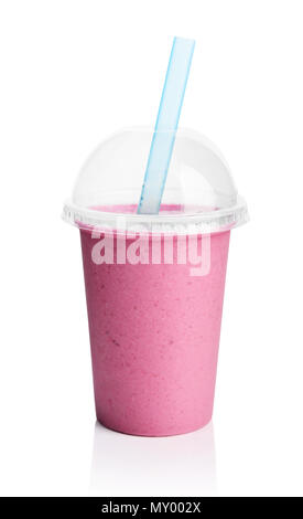 Violet glass cup with lid and straw on a white background isolated