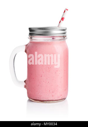 Healthy pink smoothie with straw in a jar mug isolated on white Stock Photo