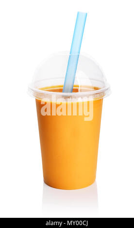 Orange smoothie in plastic transparent cup isolated on white background. Take away drinks concept. Stock Photo