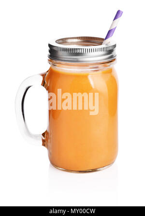 Healthy orange smoothie with straw in a jar mug isolated on white Stock Photo