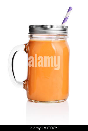 Healthy orange smoothie with straw in a jar mug isolated on white Stock Photo