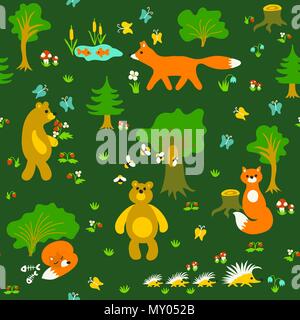 Cute cartoon animals bear, fox, hedgehog in the forest seamless patternkids Stock Vector