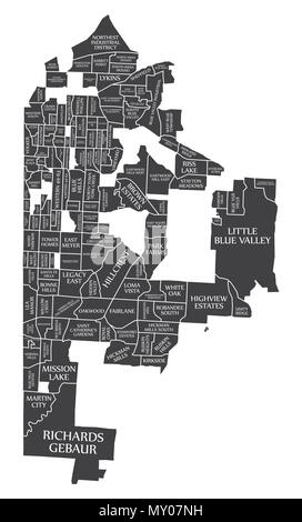 Kansas Missouri city map USA labelled black illustration Stock Vector