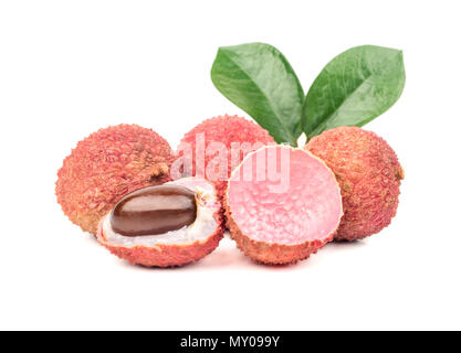 Chinese lychee fruit with two halves and leaves on a white background Stock Photo