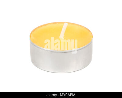 Small scented candle with the smell of mango on white background Stock Photo