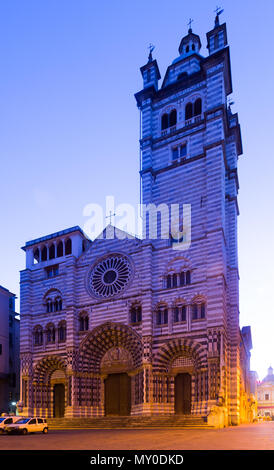 View of Cathedral of San Lorenzo, main religious building of city of Genoa in twilight Stock Photo