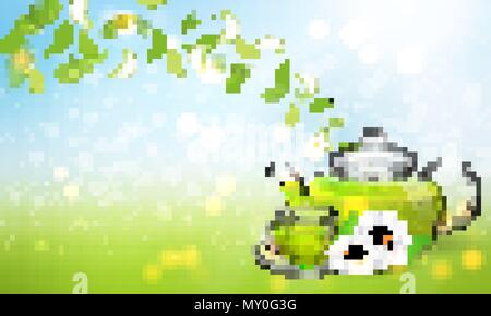 Procurement for the brochure of chamomile tea with a transparent glass teapot and a cup. Vector illustration, 3d. Stock Vector