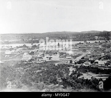 View of Brisbane, 1862. Part of a panoramic view of Brisbane taken from the Old Windmill in Spring Hill. In the centre is the partially completed Brisbane Normal School. Behind it is the Women's Factory Prison, which was demolished in 1871 to make way for the General Post Office. To the right of the prison is St Stephen's Church. The road down the hill is Edward Street.   The Courier 14 February 1862  PUBLIC WORKS AND IMPROVEMENTS. 4603866? )   The past month has been barren of any information likely to interest the genera public, no new works of any importance having been commenced since the  Stock Photo