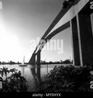 General view of Gateway Bridge from southern side, 29 June. The Gateway Bridge was still under construction when this photograph was taken in 1985. It was opened to the public on 11 January 1986 when around 200,000 people walked over it. The bridge was open to cars the following day. Stock Photo