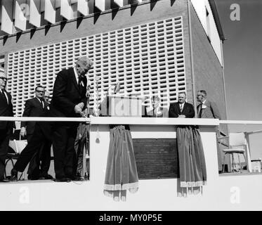 Premier Frank Nicklin opening Callide Power Station, Biloela, 21 August. Approval for a new power station near Biloela was given in 1962 and work commenced in February 1963. Testing of the steam turbines commenced in July 1965, although drought reduced the output. It was formally opened by the Premier of Queensland on 21 August.  It was known simply as Callide Power Station. When Callide B Power Station opened in 1988, the original station became Callide A. Stock Photo