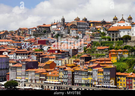 Bird's-eye view of Douro River and panoramic view of colorful Porto, Portugal. Stock Photo