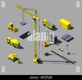 Construction vehicles and objects. Vector isometric illustration. Stock Vector