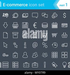 Modern, stroked e-commerce icons isolated on dark background Stock Vector