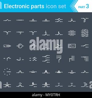 Electric and electronic icons, electric diagram symbols. Switches, pushbuttons and circuit switches. Stock Vector