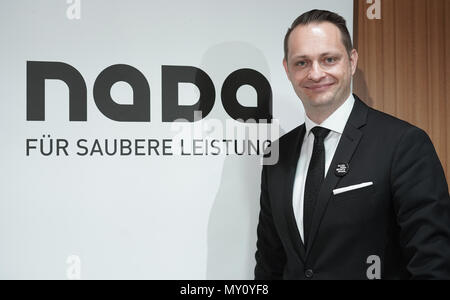 Berlin, Germany. 05th June, 2018. The chairman of the German National Anti-Doping Agency (NADA), Lars Mortsiefer, stands next to the logo during the financial statement press conference. The Olympic and Paralympic Games in Pyeongchang, the advancement of the dopic control system and the expansion of the prevention measures were important cornerstones of NADA's work in 2017. Photo: Jörg Carstensen/dpa Credit: dpa picture alliance/Alamy Live News Stock Photo